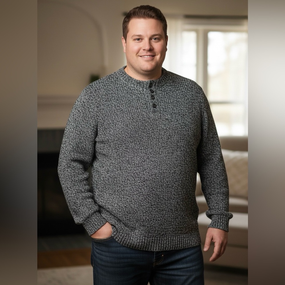 KING SIZE Mens Big & Tall Crewneck Knit Sweater with Button Detail